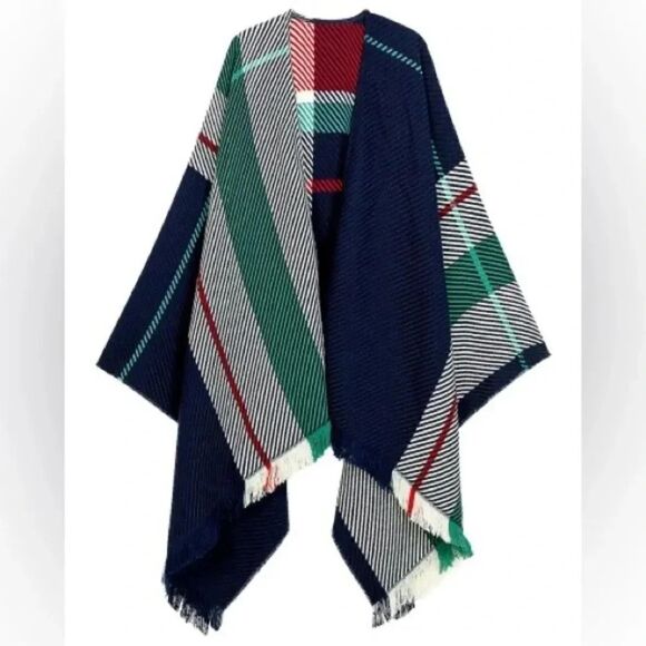 Women’s MAJE Emmy jacquard stripe wool-blend multicolor frayed hem shrug poncho - Picture 2 of 7